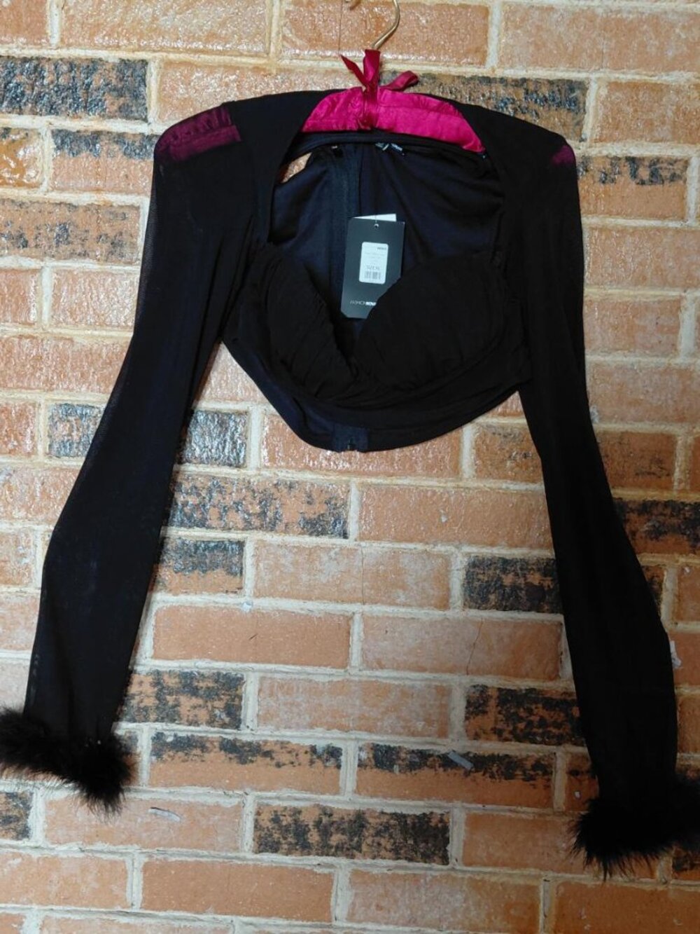 NWT Fashion Nova Black Cut Out Ruched Bra Top - Long Sleeve w/ Feathers